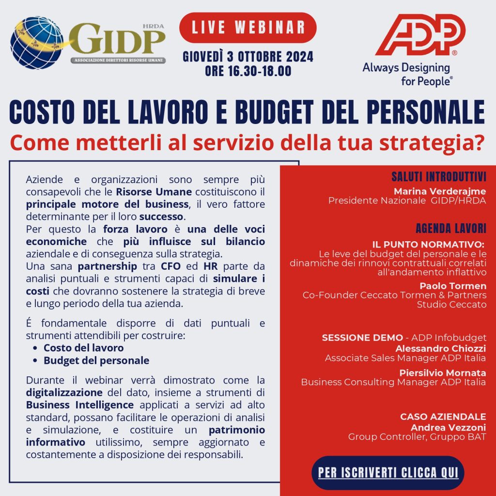 GIDP organizza tre webinar per parlare di team building efficace, welfare non riscosso e giusto budget del personale