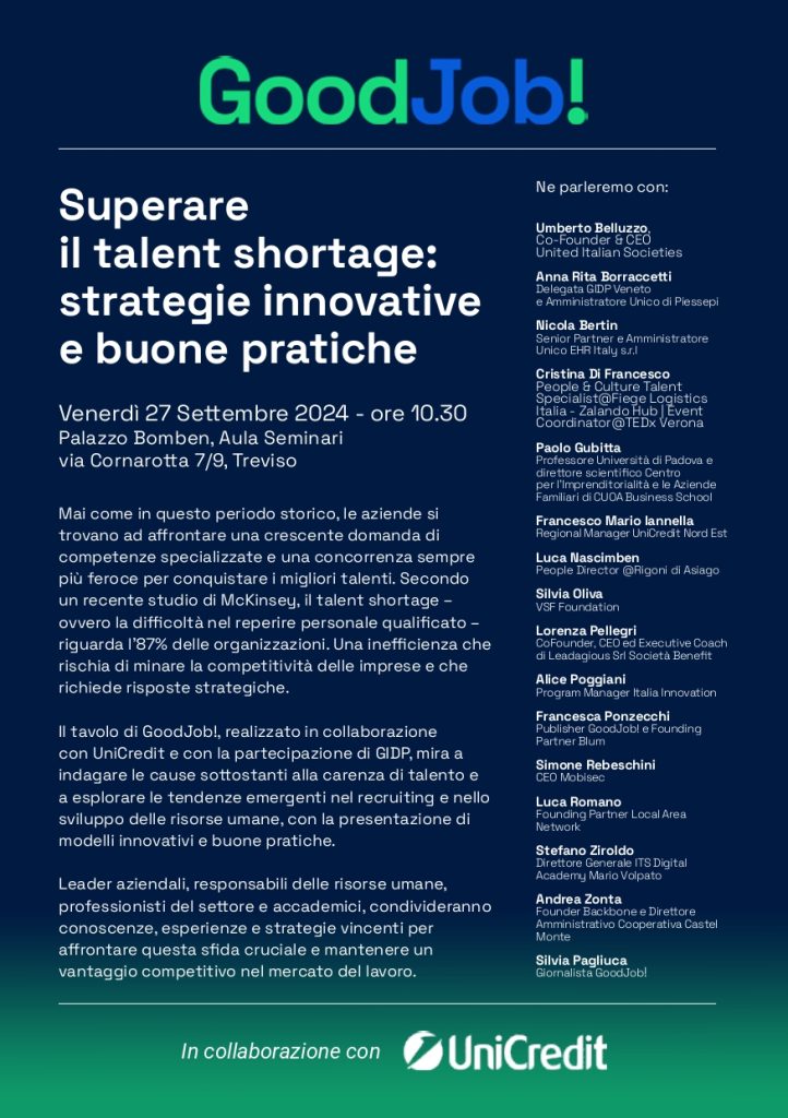 GoodJob! organizza per il 27 settembre a Treviso un tavolo di confronto sul talent shortage in collaborazione con GIDP